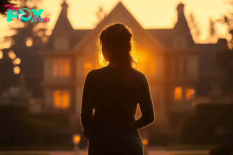 Silhouette of a woman standing outside a mansion | Source: Midjourney