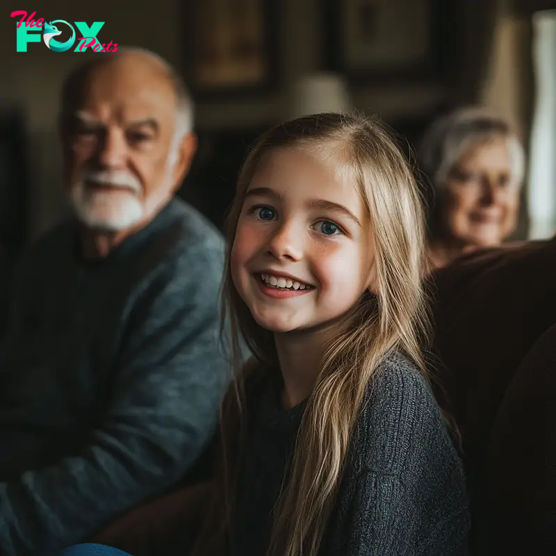 A happy girl in front of her grandparents | Source: Midjourney