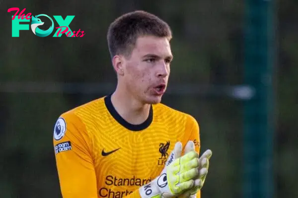 SEAGRAVE, ENGLAND - Monday, May 10, 2021: Liverpool's goalkeeper Jakub Ojrzynski during the Premier League 2 Division 1 match between Leicester City FC Under-23's and Liverpool FC Under-23's at the Leicester City Training Ground. Liverpool won 2-0. (Pic by David Rawcliffe/Propaganda)