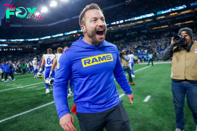 Nov 3, 2024; Seattle, Washington, USA; Los Angeles Rams head coach Sean McVay celebrates following an overtime victory against the Seattle Seahawks at Lumen Field. Mandatory Credit: Joe Nicholson-Imagn Images