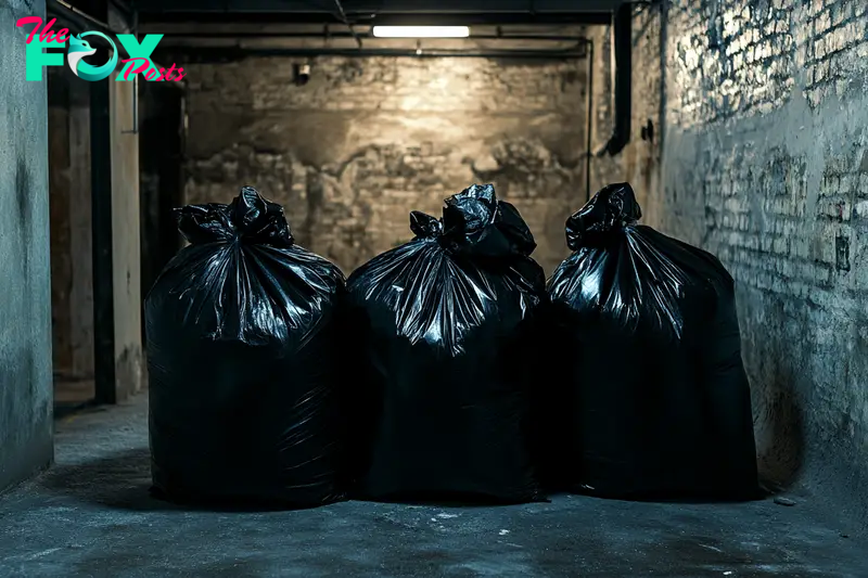 Three fully-loaded trash bags in a basement | Source: Midjourney