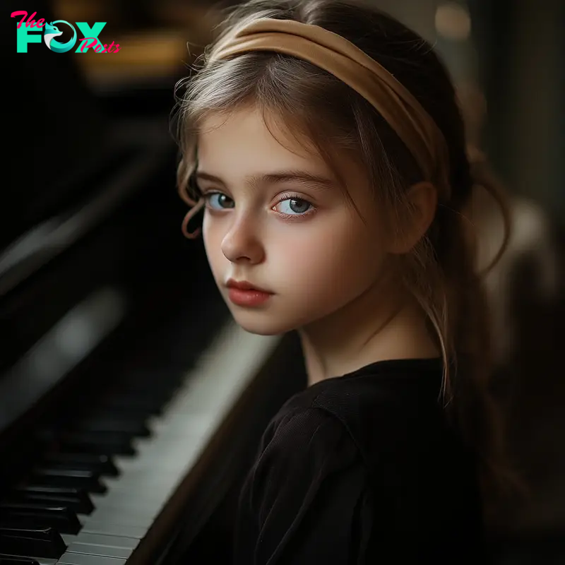 A serious girl in front of her piano | Source: Midjourney