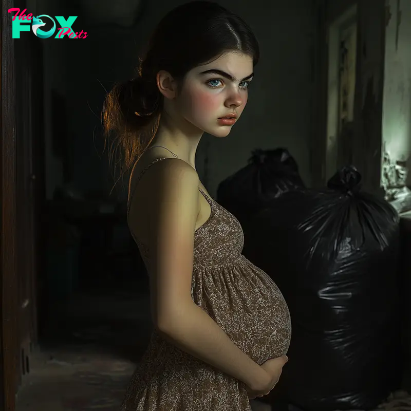 An alarmed pregnant woman standing against the backdrop of trash bags in a basement | Source: Midjourney