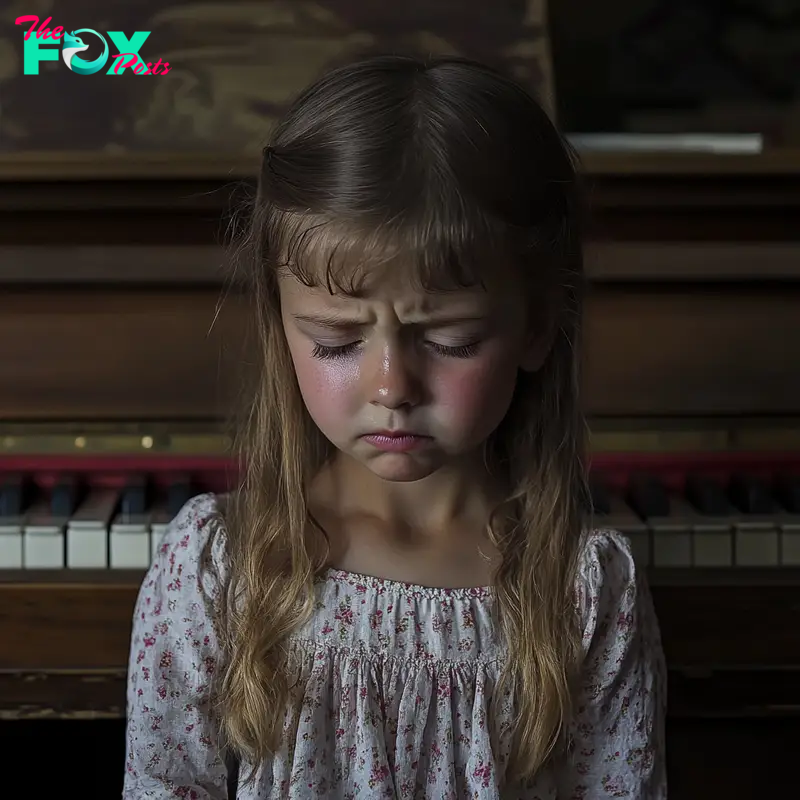 An upset girl in front of her piano | Source: Midjourney