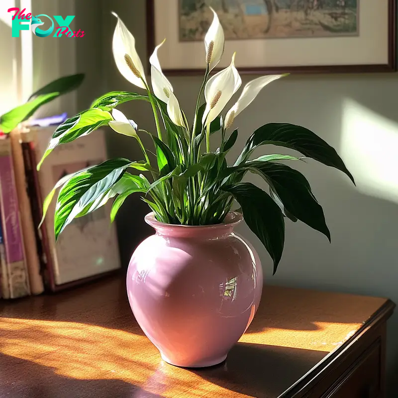 Peace lilies planted into a pink funerary urn | Source: Midjourney