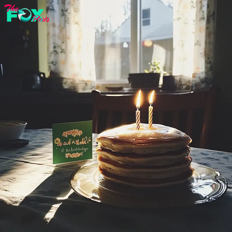 A plate of pancakes and a card on a table | Source: Midjourney