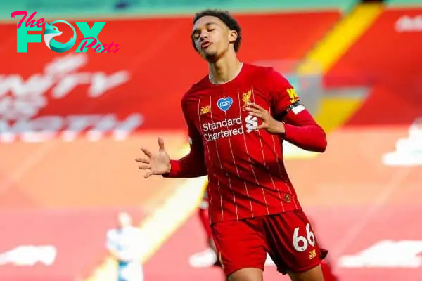 LIVERPOOL, ENGLAND - Saturday, July 11, 2020: Liverpool’s Trent Alexander-Arnold looks dejected after missing a chance during the FA Premier League match between Liverpool FC and Burnley FC at Anfield. The game was played behind closed doors due to the UK government’s social distancing laws during the Coronavirus COVID-19 Pandemic. (Pic by Propaganda)