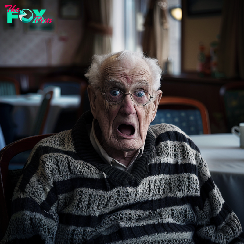 An extremely shocked elderly man in a nursing home café | Source: Midjourney