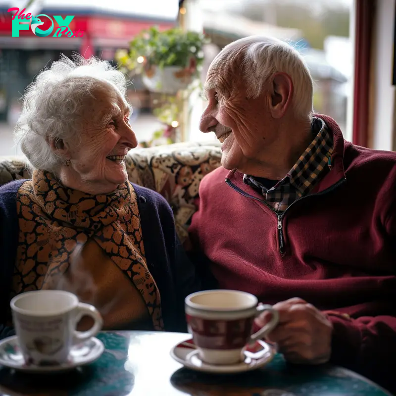 An elderly couple having coffee together in a nursing home café | Source: Midjourney