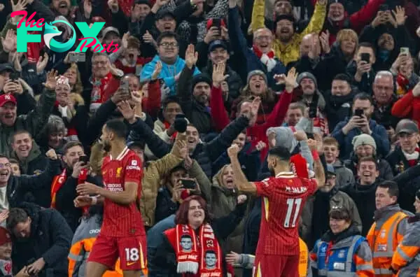 LIVERPOOL, ENGLAND - Saturday, November 9, 2024: Liverpool's Mohamed Salah celebrates after scoring the second goal during the FA Premier League match between Liverpool FC and Aston Villa FC at Anfield. (Photo by David Rawcliffe/Propaganda)