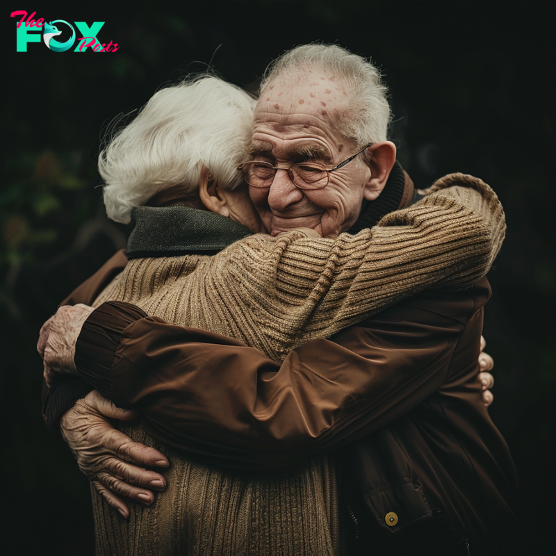 An elderly couple sharing a hug | Source: Midjourney