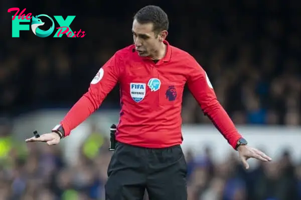 LIVERPOOL, ENGLAND - Saturday, February 8, 2020: Referee David Coote during the FA Premier League match between Everton FC and Crystal Palace FC at Goodison Park. (Pic by David Rawcliffe/Propaganda)