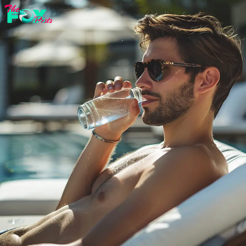 Man on sunbed drinking water | Source: Midjourney