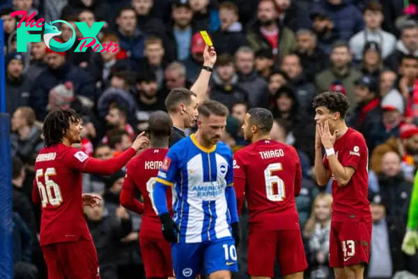 BRIGHTON & HOVE, ENGLAND - Sunday, January 29, 2023: Liverpool's Stefan Bajcetic is shown a yellow card by referee David Coote during the FA Cup 4th Round match between Brighton & Hove Albion FC and Liverpool FC at the Falmer Stadium. (Pic by David Rawcliffe/Propaganda)