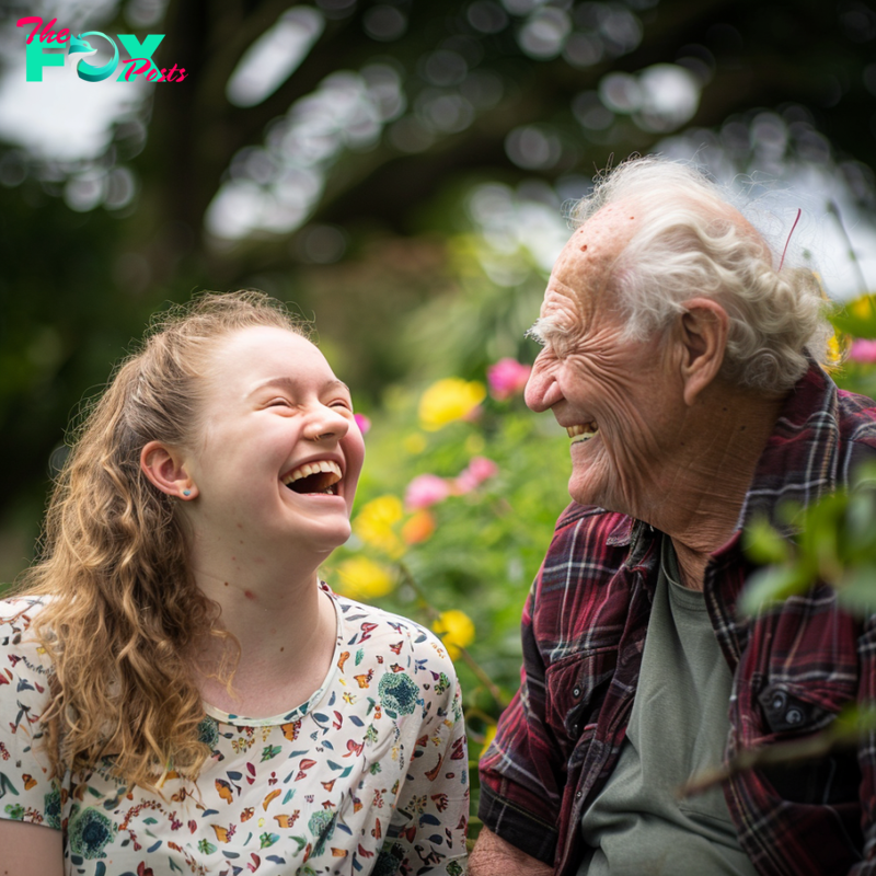 A woman laughing with her grandfather outdoors | Source: Midjourney