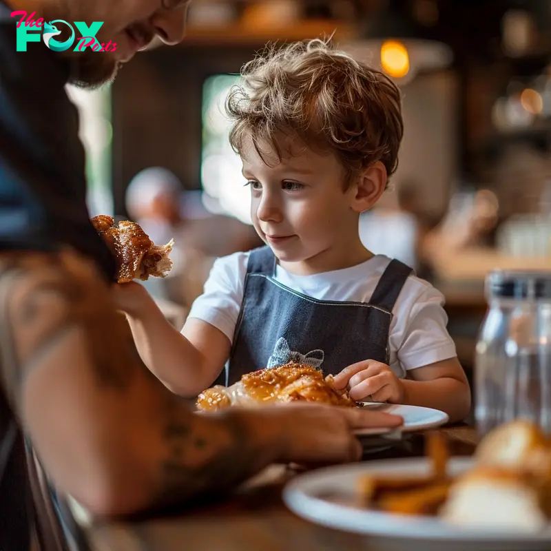 Boy taking chicken from a man's plate | Source: Midjourney