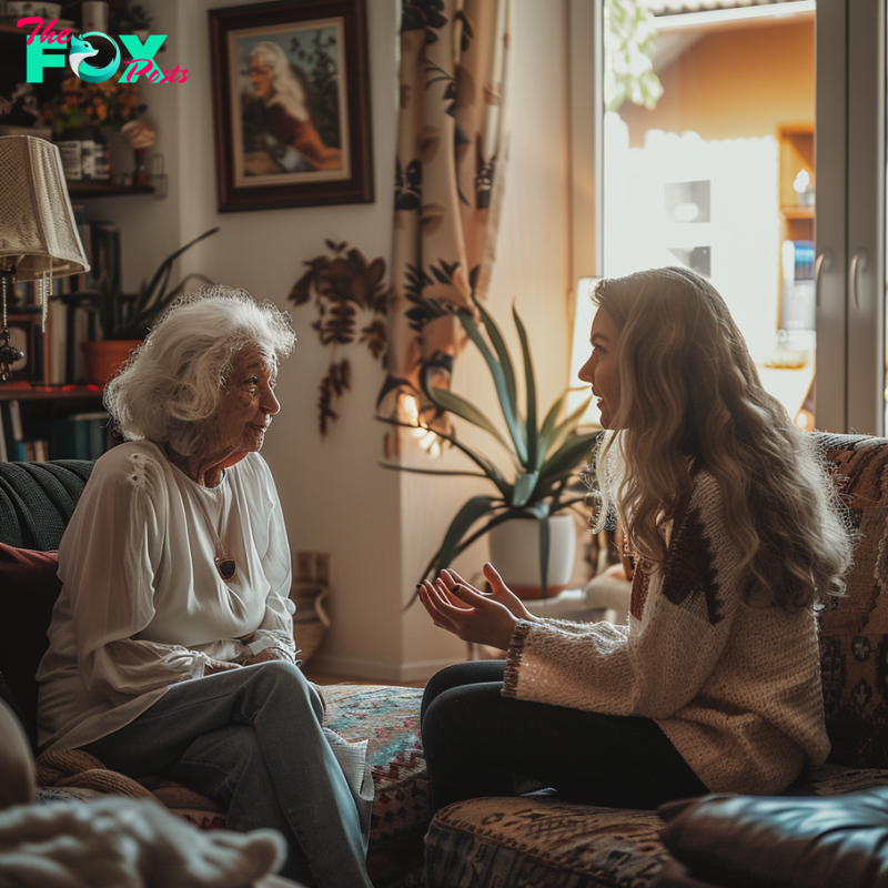 A woman and her grandmother talking in their living room | Source: Midjourney