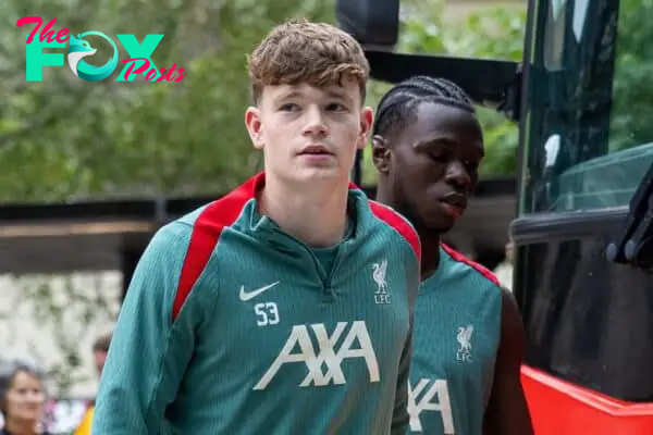 PITTSBURGH - Tuesday, July 23, 2024: Liverpool's James McConnell arrives at the team hotel after the team's second training session of the day on day one of the club's pre-season tour of the USA. (Photo by David Rawcliffe/Propaganda)