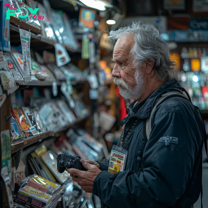 The pawn shop owner inspects a gamepad | Source: Midjourney