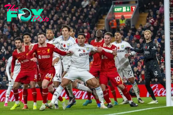 LIVERPOOL, ENGLAND - Saturday, November 9, 2024: Liverpool's Dominik Szoboszlai, Andy Robertson, Alexis Mac Allister during the FA Premier League match between Liverpool FC and Aston Villa FC at Anfield. Liverpool won 2-0. (Photo by David Rawcliffe/Propaganda)