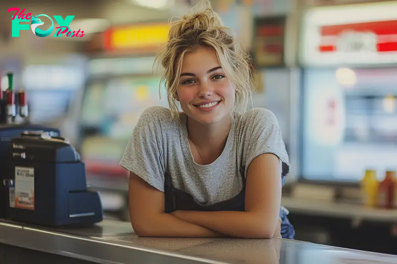 A grinning gas station cashier | Source: Midjourney