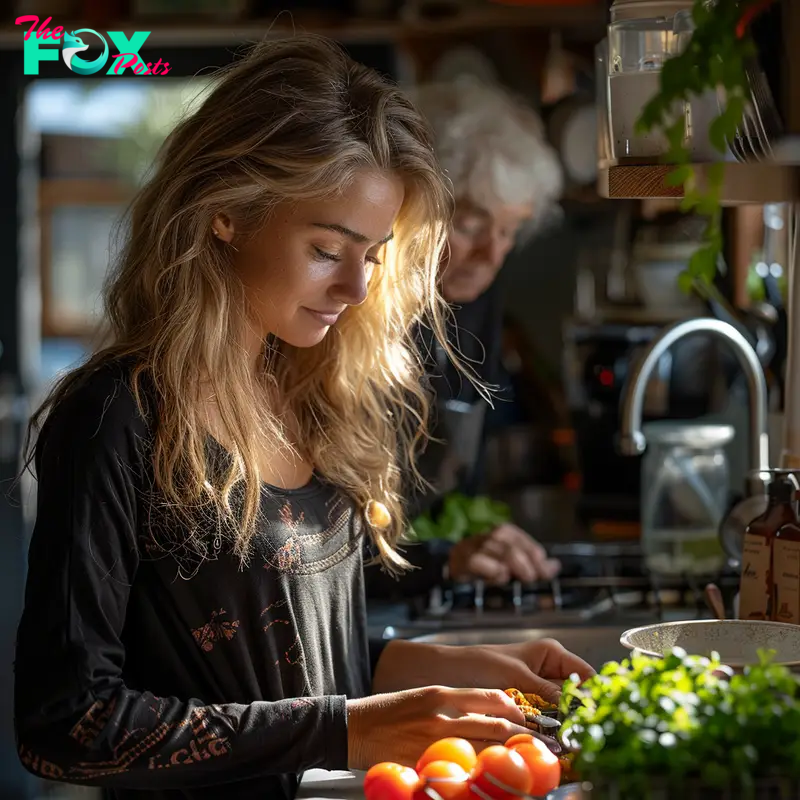 Mia cooks as her grandmother does the dishes | Source: Midjourney