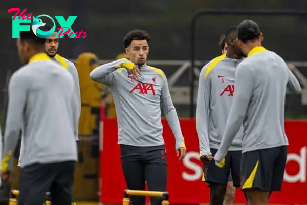 LIVERPOOL, ENGLAND - Monday, November 4, 2024: Liverpool's Curtis Jones during a training session at the AXA Training Centre ahead of the UEFA Champions League match between Liverpool FC and Bayer 04 Leverkusen. (Photo by David Rawcliffe/Propaganda)