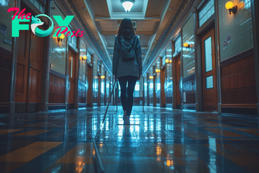 A girl standing in a school hallway | Source: Midjourney