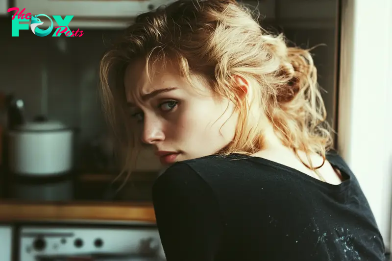 A woman in a kitchen with a hurt expression | Source: Midjourney