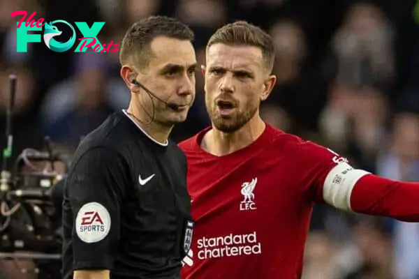 BRIGHTON & HOVE, ENGLAND - Sunday, January 29, 2023: Liverpool's captain Jordan Henderson speaks with referee David Coote after the FA Cup 4th Round match between Brighton & Hove Albion FC and Liverpool FC at the Falmer Stadium. Brighton won 2-1. (Pic by David Rawcliffe/Propaganda)