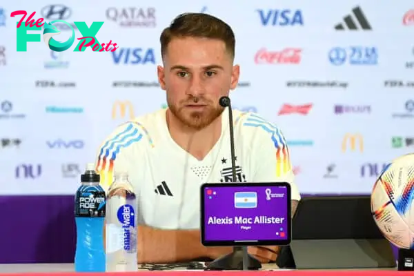 DOHA, QATAR - NOVEMBER 30: Alexis Mac Allister of Argentina speaks to the media in the post match press conference after their sides victory during the FIFA World Cup Qatar 2022 Group C match between Poland and Argentina at Stadium 974 on November 30, 2022 in Doha, Qatar. (Photo by Michael Regan - FIFA)