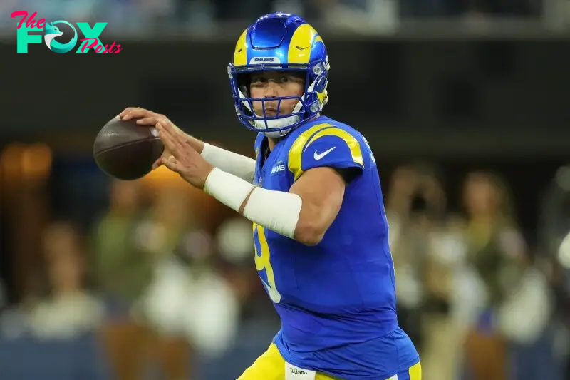 Nov 11, 2024; Inglewood, California, USA; Los Angeles Rams quarterback Matthew Stafford (9) throws the ball against the Miami Dolphins in the second half at SoFi Stadium. Mandatory Credit: Kirby Lee-Imagn Images