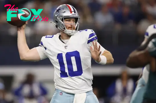 Nov 10, 2024; Arlington, Texas, USA; Dallas Cowboys quarterback Cooper Rush (10) throws a pass against the Philadelphia Eagles in the third quarter at AT&T Stadium. Mandatory Credit: Tim Heitman-Imagn Images