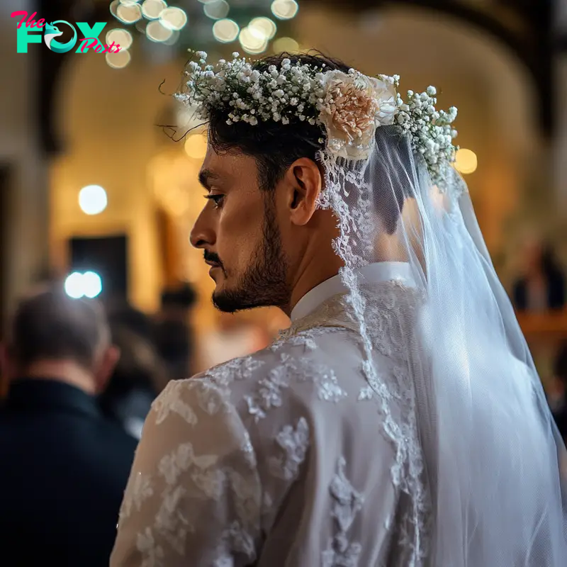 Man dressed as a bride standing at the altar | Source: Midjourney