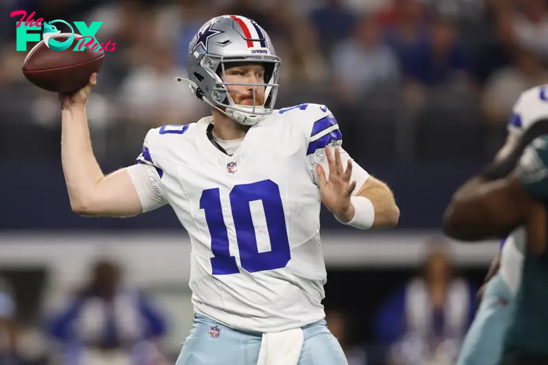 Nov 10, 2024; Arlington, Texas, USA; Dallas Cowboys quarterback Cooper Rush (10) throws a pass against the Philadelphia Eagles in the third quarter at AT&T Stadium. Mandatory Credit: Tim Heitman-Imagn Images