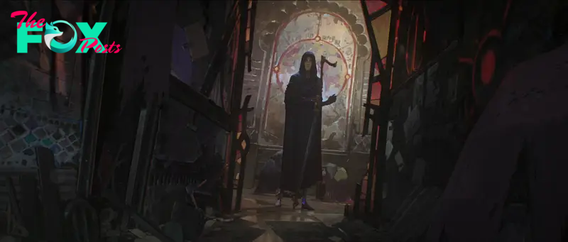 Viktor wandering the streets of Zaun in a cloak, illuminated by graffiti that looks like a rose window. From Arcane