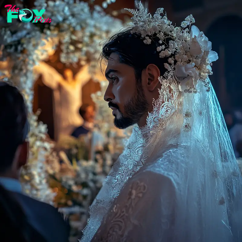 A man dressed as the bride standing at the altar | Source: Midjourney