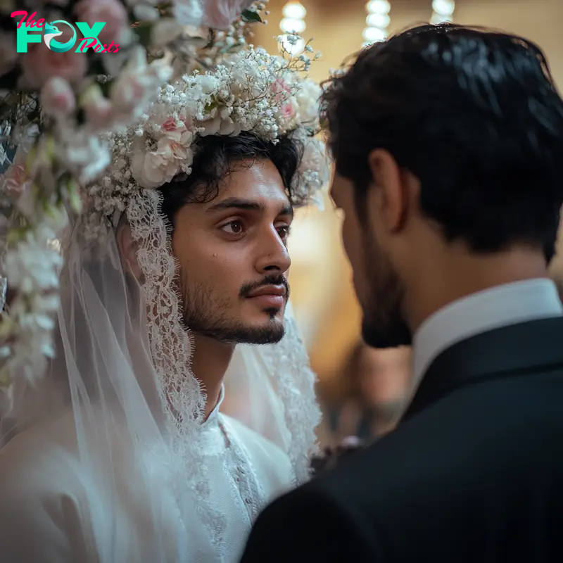 Man dressed as the bride standing next to the groom | Source: Midjourney