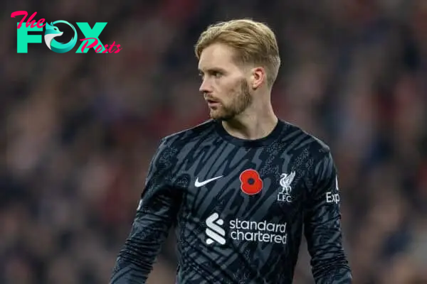 LIVERPOOL, ENGLAND - Saturday, November 9, 2024: Liverpool's goalkeeper Caoimhin Kelleher during the FA Premier League match between Liverpool FC and Aston Villa FC at Anfield. Liverpool won 2-0. (Photo by David Rawcliffe/Propaganda)