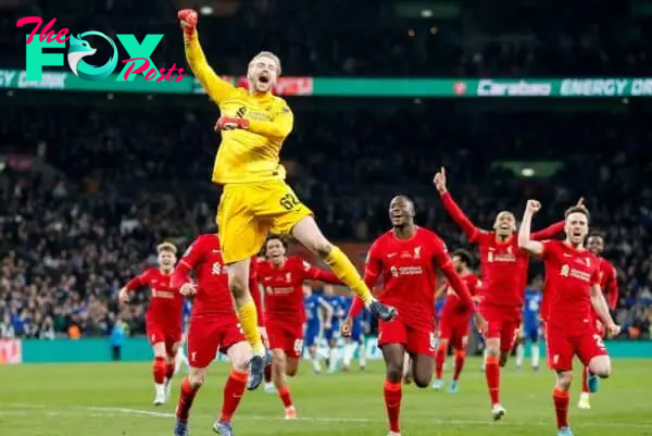 2HT8YJG London, UK. 27th Feb, 2022. Caoimhin Kelleher of Liverpool celebrates after winning the Carabao Cup Final match between Chelsea and Liverpool at Wembley Stadium on February 27th 2022 in London, England. (Photo by Paul Chesterton/phcimages.com) Credit: PHC Images/Alamy Live News