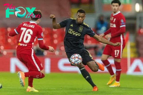 LIVERPOOL, ENGLAND - Tuesday, December 1, 2020: Ajax's Ryan Gravenberch during the UEFA Champions League Group D match between Liverpool FC and AFC Ajax at Anfield. Liverpool won 1-0 to win the group and progress to the Round of 16. (Pic by David Rawcliffe/Propaganda)