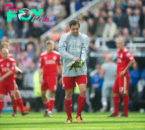 NEWCASTLE-UPON-TYNE, ENGLAND - Sunday, April 1, 2012: Liverpool's Jose Enrique is forced to go in goal after goalkeeper Jose Reina was sent off and his side had made all three substitutions during the Premiership match against Newcastle United at St James' Park. (Pic by David Rawcliffe/Propaganda)