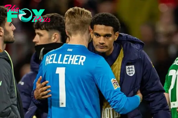 LONDON, ENGLAND - Sunday, November 17, 2024: Republic of Ireland's goalkeeper Caoimhin Kelleher (L) embraces Liverpool team-mate England's Jarell Quansah after the UEFA Nations League League B Group B2 game between England and Republic of Ireland at Wembley Stadium. (Photo by David Rawcliffe/Propaganda)