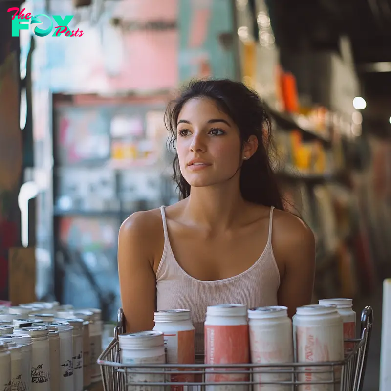 A woman with paint cans | Source: Midjourney