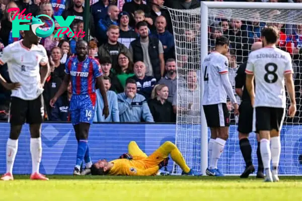 LONDON, ENGLAND - Saturday, October 5, 2024: Liverpool's goalkeeper Alisson Becker goes down with an injury during the FA Premier League match between Crystal Palace FC and Liverpool FC at Selhurst Park. (Photo by David Rawcliffe/Propaganda)