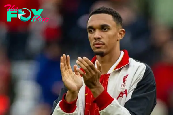 LIVERPOOL, ENGLAND - Sunday, August 25, 2024: Liverpool's Trent Alexander-Arnold applauds the supporters after the FA Premier League match between Liverpool FC and Brentford FC at Anfield. Liverpool won 2-0. (Photo by David Rawcliffe/Propaganda)