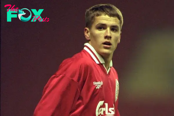 LIVERPOOL, ENGLAND - Tuesday, January 7, 1997: Liverpool's Michael Owen in action against Manchester United during the FA Youth Cup match at Anfield. United won 2-1. (Pic by David Rawcliffe/Propaganda)