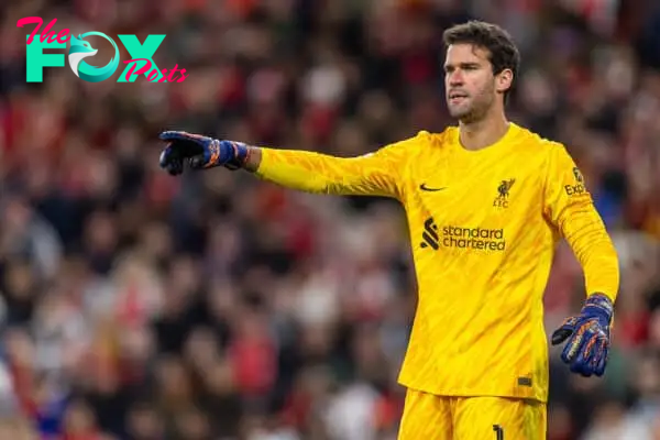 LIVERPOOL, ENGLAND - Wednesday, October 2, 2024: Liverpool's goalkeeper Alisson Becker during the UEFA Champions League game between Liverpool FC and Bologna FC 1909 at Anfield. (Photo by David Rawcliffe/Propaganda)