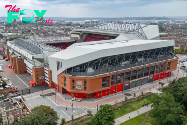 LIVERPOOL, ENGLAND - Saturday, August 31, 2024: An aerial view of Anfield, the home stadium of Liverpool Football Club, showing the newly redeveloped Anfield Road stand. The redevelopment of the stand saw an additional 7,000 more seats added taking Anfield's overall capacity to more than 61,000. (Photo by David Rawcliffe/Propaganda)