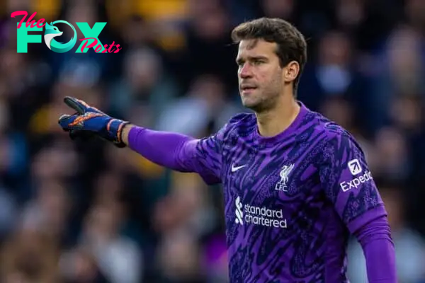 WOLVERHAMPTON, ENGLAND - Saturday, September 28, 2024: Liverpool's goalkeeper Alisson Becker during the FA Premier League match between Wolverhampton Wanderers FC and Liverpool FC at Molineux Stadium. (Photo by David Rawcliffe/Propaganda)